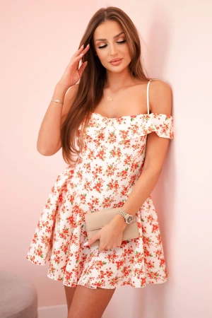 Sukienka damska rozkloszowana w kwiaty z odkrytymi ramionami ecru