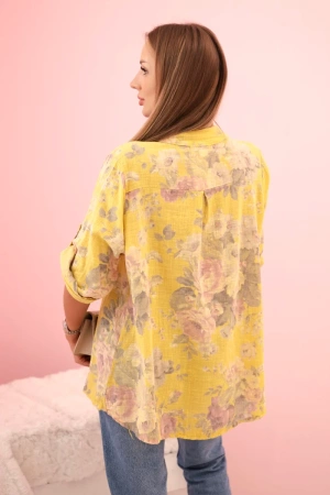 Koszula damska bawełniana z kwiatowym wzorem i podwijanymi rękawami kiwi