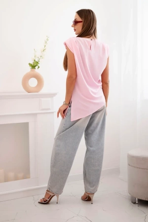 Bluzka damska elegancka z marszczeniem i asymetrycznym krojem cukierkowy róż