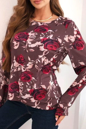 Bluzka damska z wiskozy w kwiaty z długim rękawem brązowa