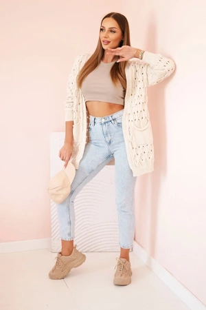 Kardigan damski ażurowy z kieszeniami beżowy
