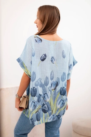 Koszula damska bawełniana z kwiatowym wzorem niebieska
