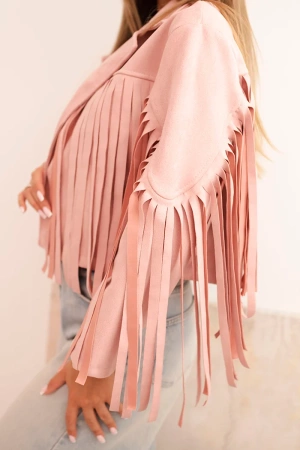 Kurtka damska z frędzlami z zamszu ciemny pudrowy róż