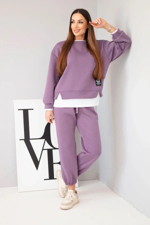 Komplet damski z masełkowy z luźną bluzą i spodniami dresowymi fioletowy