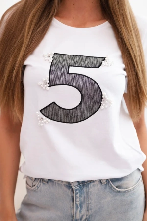 Bluzka damska bawełniana z krótkim rękawem i naszywką z perełkami biała