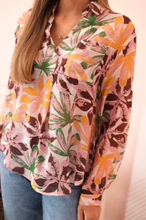 Koszula damska wiskozowa z kołnierzykiem w kwiatowy wzór pudrowy róż