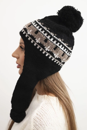 Czapka damska zimowa wełniana z nausznikami i pomponami K436 czarna + mocca