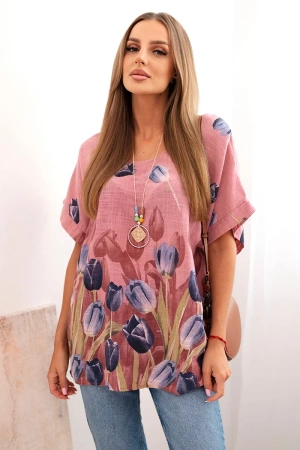 Koszula damska bawełniana z kwiatowym wzorem ciemno różowa