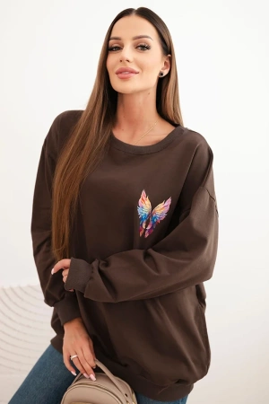 Bluza damska oversize z bawełny z kolorowymi skrzydłami na plecach brązowa
