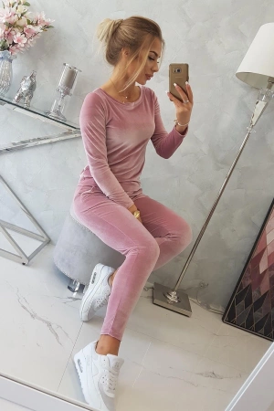 Komplet welurowy z marszczeniem z tyłu ciemny pudrowy róż