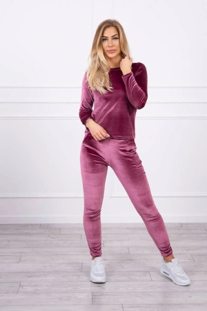 Komplet welurowy z marszczeniem z tyłu ciemny różowy