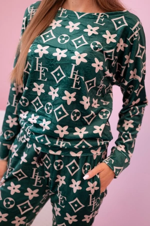 Komplet damski z weluru w monogram zielony + beżowy