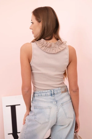 Bluzka damska bawełniana bez rękawów z falbaną beżowa