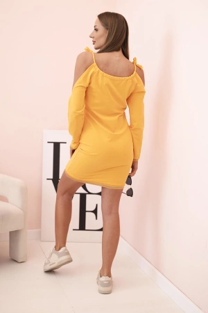 Sukienka damska bawełniana z odkrytymi ramionami i napisem OFFLINE musztardowa