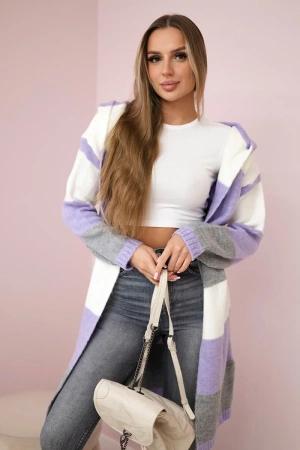 Sweter w pasy trzykolorowy ecru+fioletowy+szary