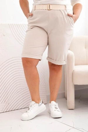 Spodenki damskie bawełniane Plus Size z paskiem beżowe