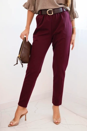 Spodnie damskie wiskozowe z paskiem i zwężaną nogawką bordowe