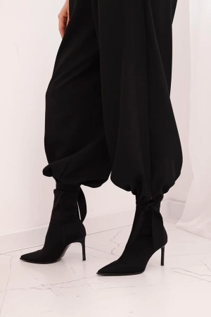 Spodnie damskie z szeroką nogawką i wiązaniem u dołu czarne