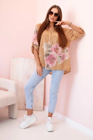 Bluzka damska z bawełny z kwiatowym wzorem i guzikami camelowa