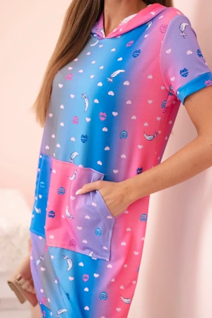 Sukienka damska bawełniana z kieszenią i kołnierzykiem w kolorowy wzór chabrowa