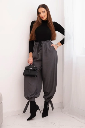 Spodnie damskie z szeroką nogawką i wiązaniem u dołu grafitowe