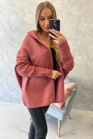 Sweter z kapturem i rękawami typu nietoperz ciemny różowy