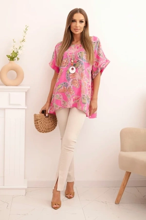 Bluzka damska bawełniana z motywem motyli z krótkim rękawem różowa