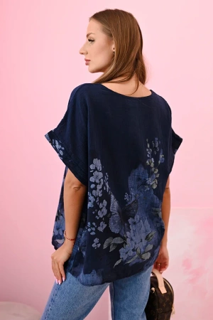 Koszula damska bawełniana w motyle i kwiaty granatowa