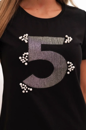 Bluzka damska bawełniana z krótkim rękawem i naszywką z perełkami czarna