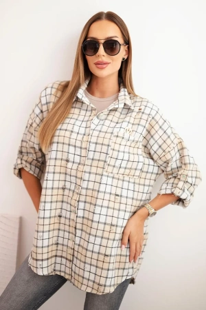 Koszula damska bawełniana w kratę z efektem przetarć beżowa