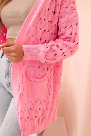 Kardigan damski ażurowy z kieszeniami jasny różowy