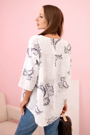 Bluzka damska bawełniana z podwijanym rękawem i wzorem paisley ecru