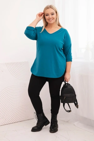 Bluzka damska bawełniana Plus Size z dekoltem V i podwijanym rękawem morska