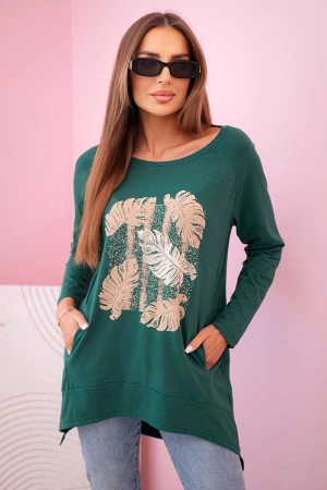 Bluzka damska z kieszeniami i ozdobnym nadrukiem zielona