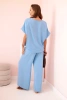 Komplet damski z wiskozy z ozdobnym kwiatem i szerokimi spodniami niebieski