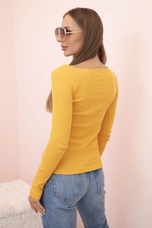 Bluzka damska bawełniana z długim rękawem i dekoltem łódką musztardowa