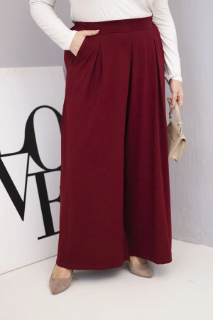 Spodnie damskie bawełniane Plus Size o szerokiej nogawce i luźnym kroju bordowe