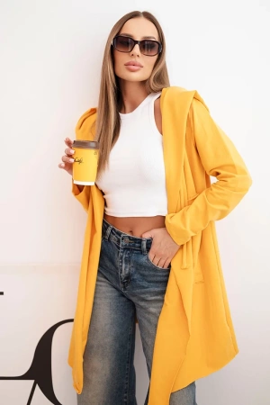Narzutka z luźnym kapturem musztardowa