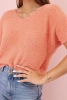 Sweter damski z miękkiego włosia z dekoltem V krótki rękaw łososiowy