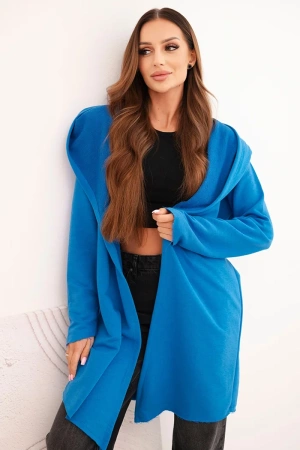 Narzutka damska z bawełny z kapturem i wydłużonym przodem chabrowa