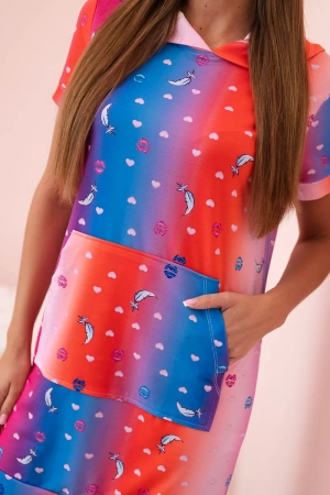 Sukienka damska bawełniana z kieszenią i kołnierzykiem w kolorowy wzór czerwona