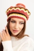 Czapka damska zimowa wełniana z pomponem i kolorowym wzorem K435 ecru + ruda