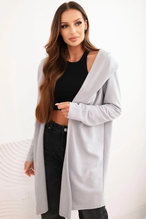 Narzutka damska z bawełny z kapturem i wydłużonym przodem szara