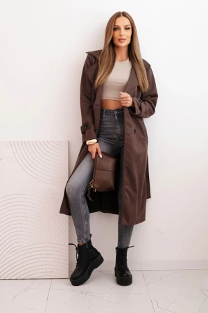 Płaszcz damski z zamszu wiązany w talii z kołnierzem i guzikami brązowy