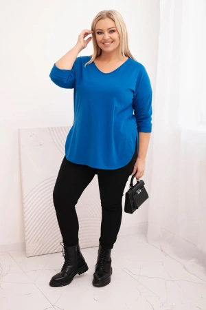 Bluzka damska bawełniana Plus Size z dekoltem V i podwijanym rękawem chabrowa