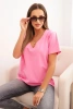 Bluzka damska bawełniana z dekoltem w serek z krótkim rękawem jasno różowa
