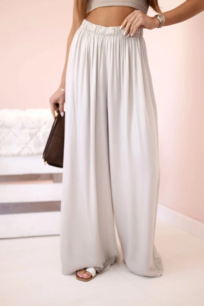 Spodnie damskie wiskozowe szerokie z gumką w pasie ciemno beżowe