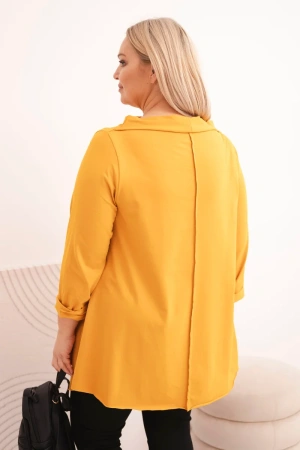 Bluzka damska bawełniana Plus Size asymetryczna z podwijanym rękawem musztardowa