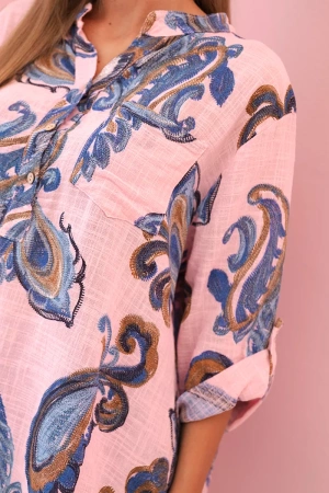 Bluzka damska z bawełny z ozdobnym printem i podwijanymi rękawami cukierkowy róż