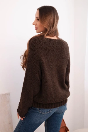 Sweter damski z domieszką wełny z dekoltem V brązowy